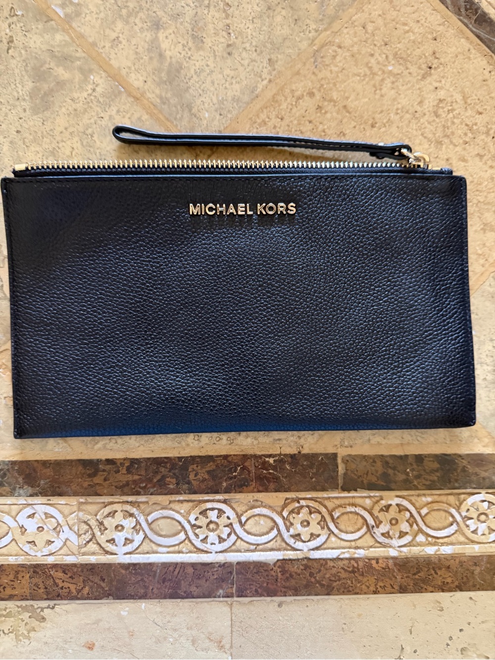 Michael Kors Black Pebbled Wristlet Clutch with Gold-Tone Hardware
